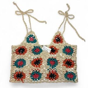 Debut Wave Crochet Granny Square Crop Top Tan Womens M L Festival Fairy Boho NWT